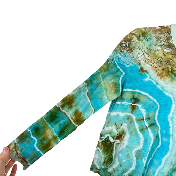 Sandro Tie Dye Shirt Womens Size Small 1 Tee Top Blouse Blue Linen Lace Paris - Picture 4 of 15